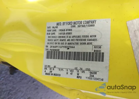 2000 Ford Escort Zx2 из США, поврежденный, VIN 3FAKP1137YR227044